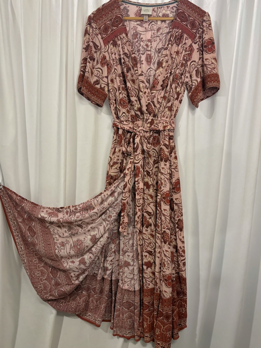 Knox Rose Target Boho Floral Faux-Wrap Maxi Dress Pink Red Size L - Picture 2 of 8